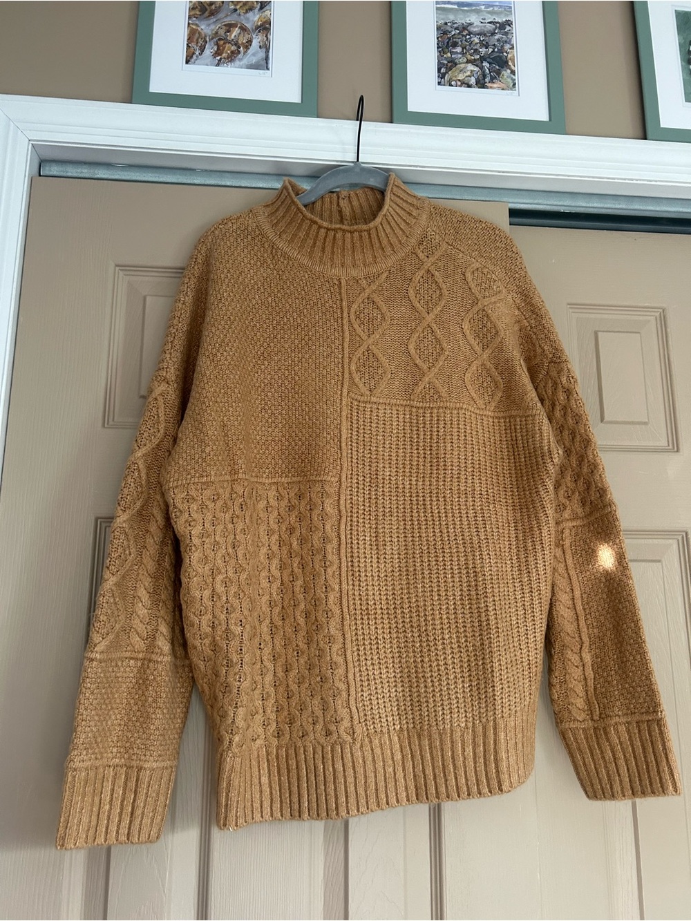 American Eagle Outfitters Men's Patchwork Cable Turtleneck Sweater in Camel